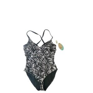 Prana One Piece Swimsuit 34D/S Black White‎ Leaf Print Criss Cross Back NWOT